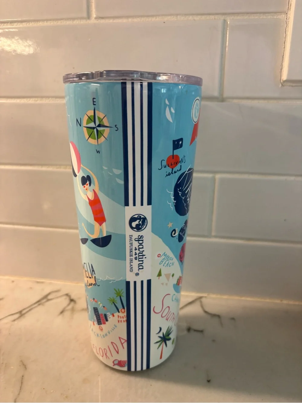 Spartina 449 Light Blue and Red Sea Islands Travel Tumbler